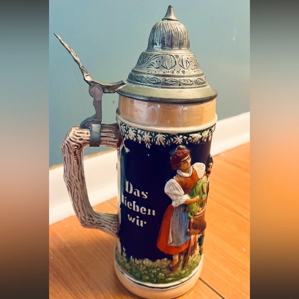 GERZ Beer Stein Pewter Lid Tavern Scene ”Frohbeim Bier Das Lieben Wir" V…